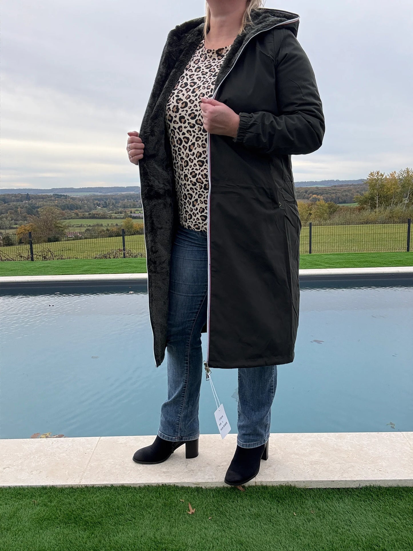 New Lolo - Manteau chaud long hauteur genoux kaki fourré complet réversible imperméable