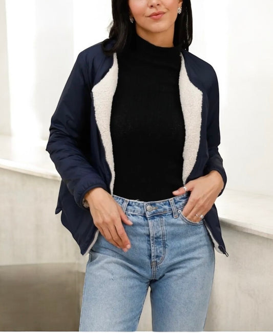 Laura Jo - Veste courte reversible bleu marine avec doublure en sherpa beige