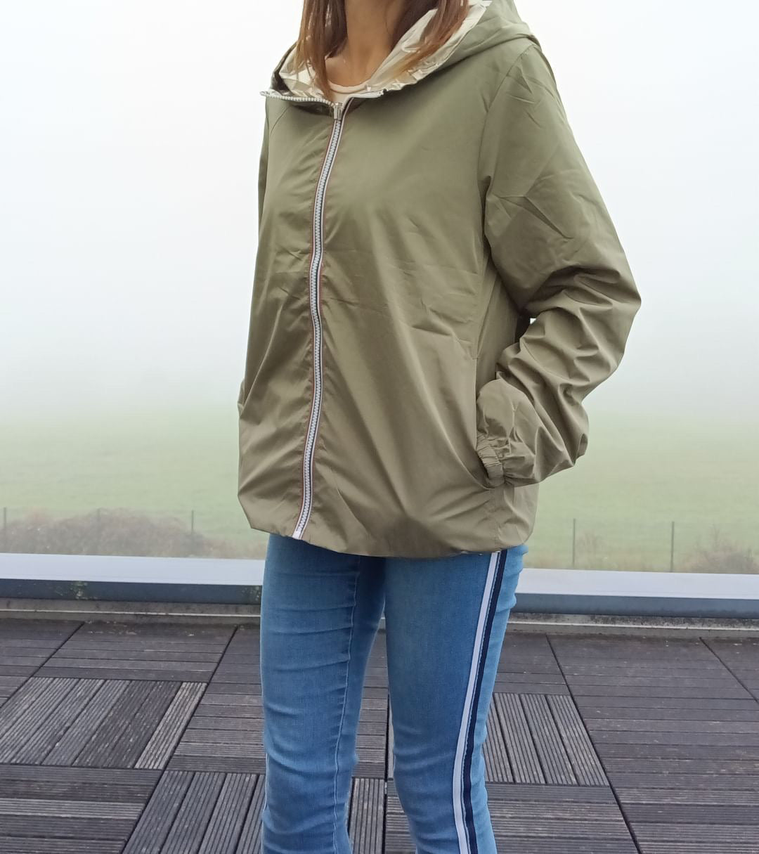 Melya Melody - Manteau court léger imperméable kaki réversible doré