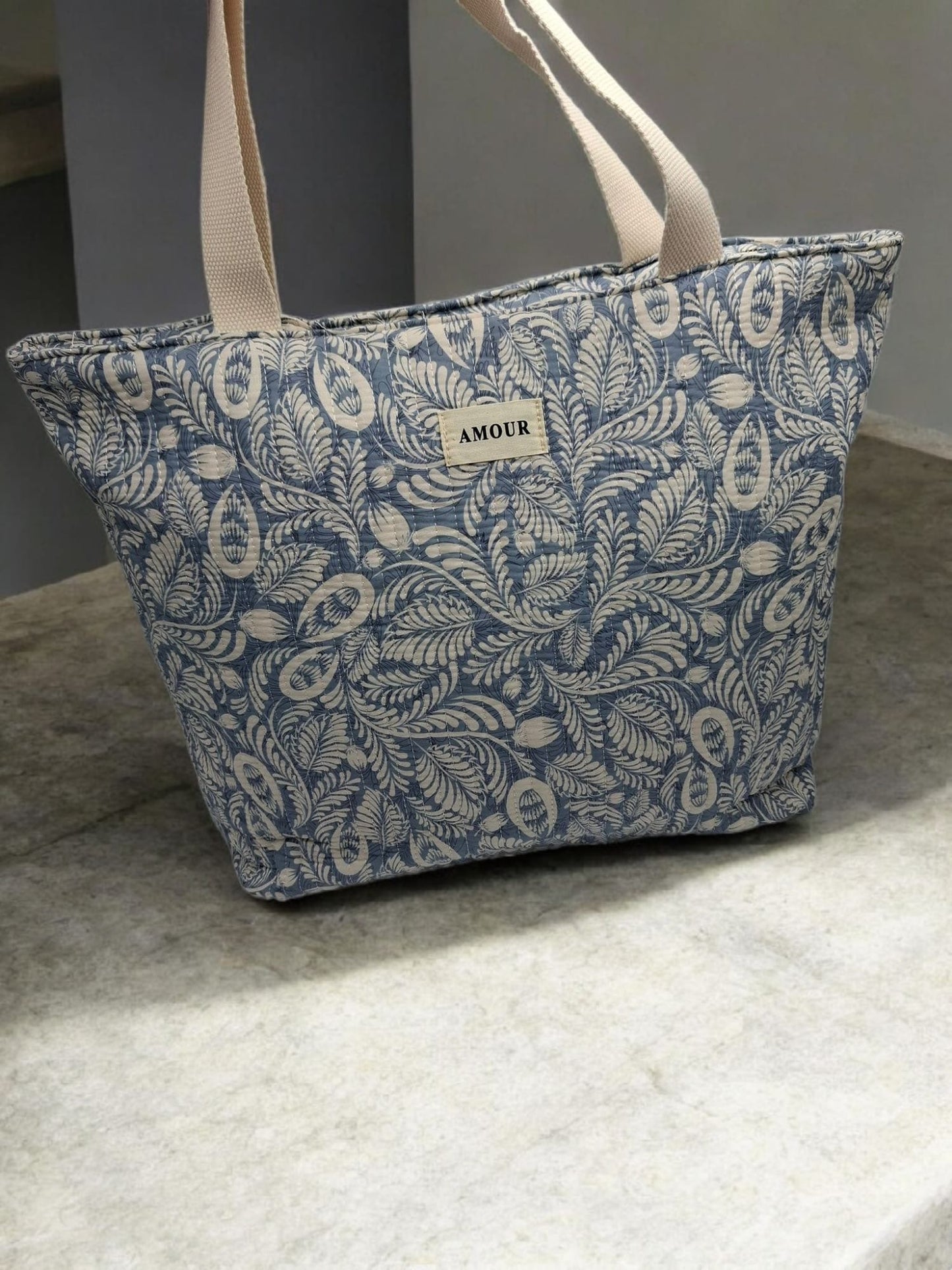 Sac cabas porté épaule coton imprimé toile de jouy feuilles bleues creme