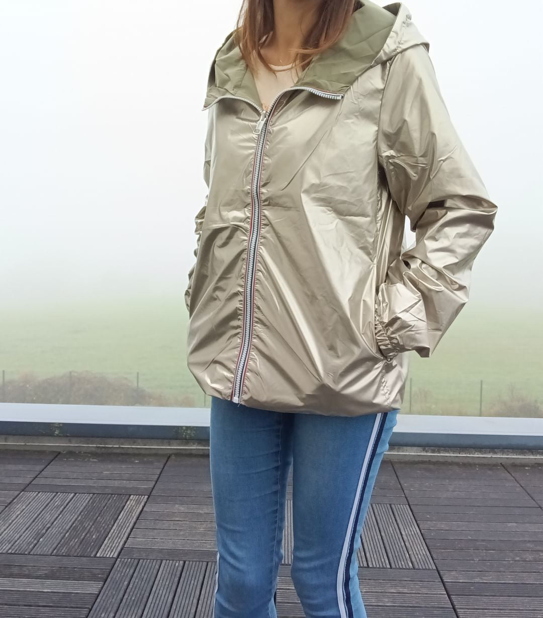 Melya Melody - Manteau court léger imperméable kaki réversible doré