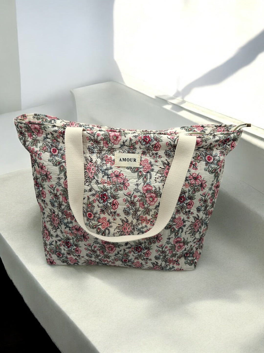 Sac cabas porté épaule en coton liberty fleuri noir rose crème