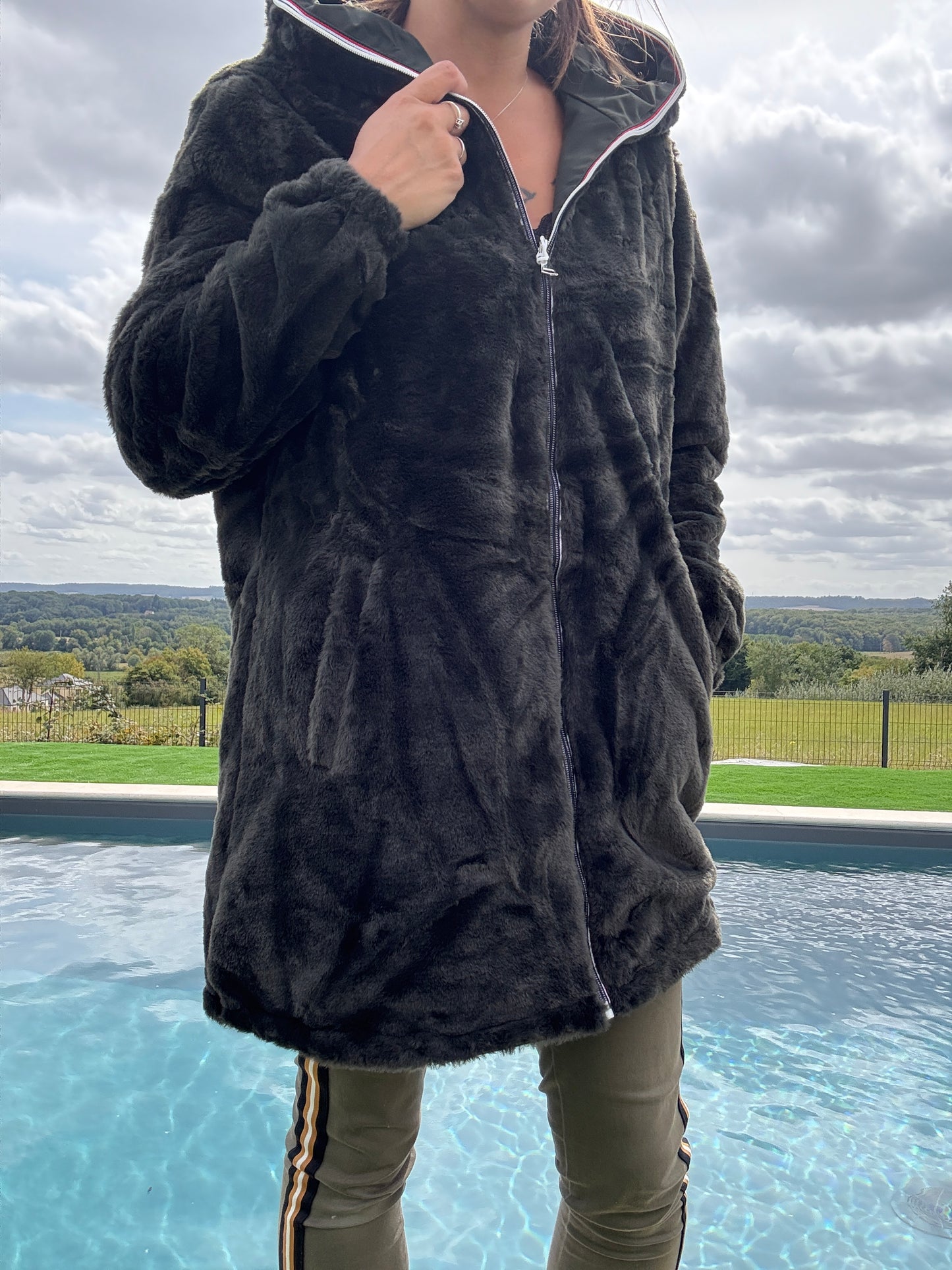 New Lolo - Manteau long kaki réversible imperméable fourré fausse fourrure