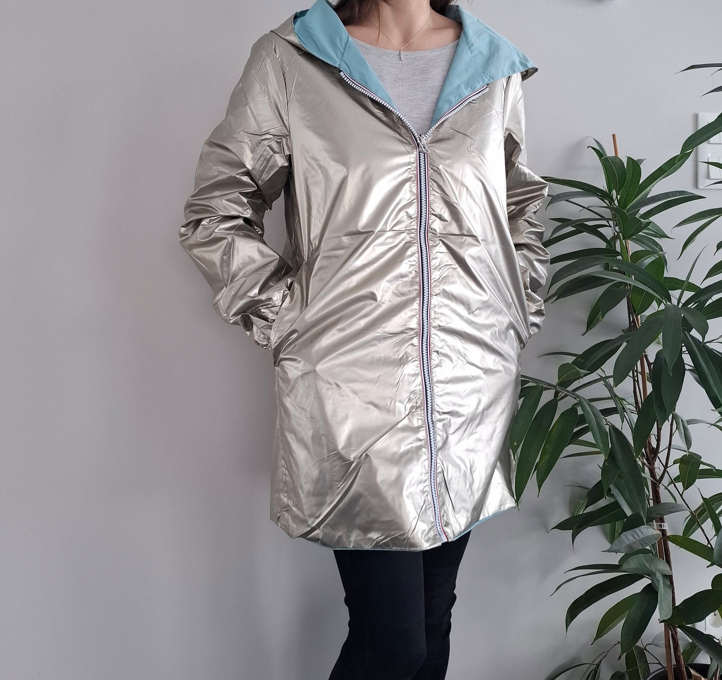 Melya Melody - Imperméable réversible mi-long sans garnissage ouate couleur bleu ciel/doré
