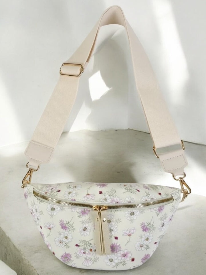 Sac banane en tissu coton blanc motif floral vert tres clair et rose