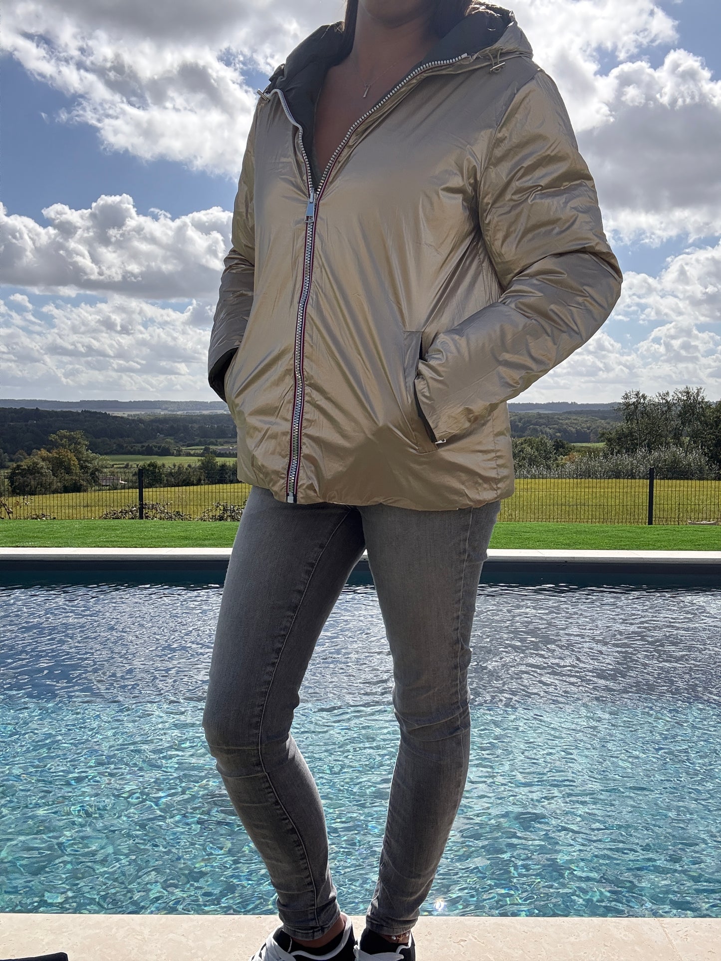 Doudoune manteau imperméable court réversible matelassé kaki doré