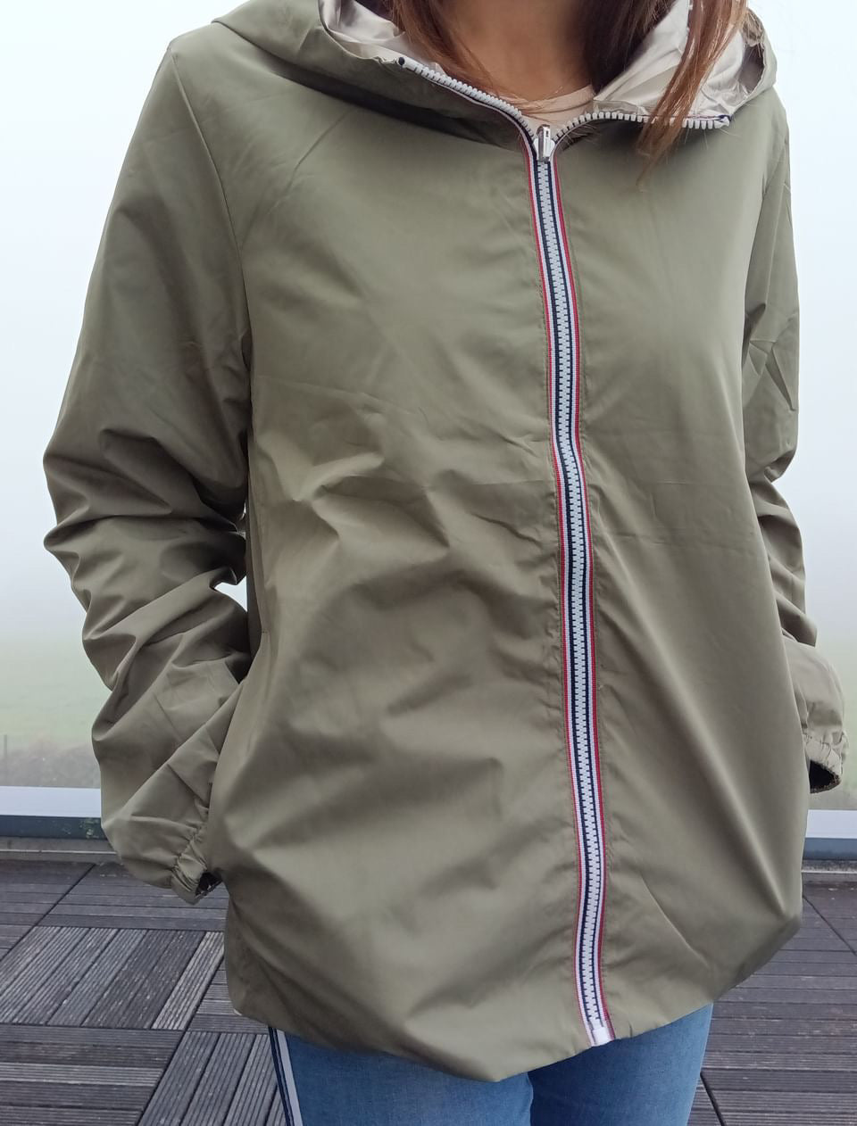 Melya Melody - Manteau court léger imperméable kaki réversible doré
