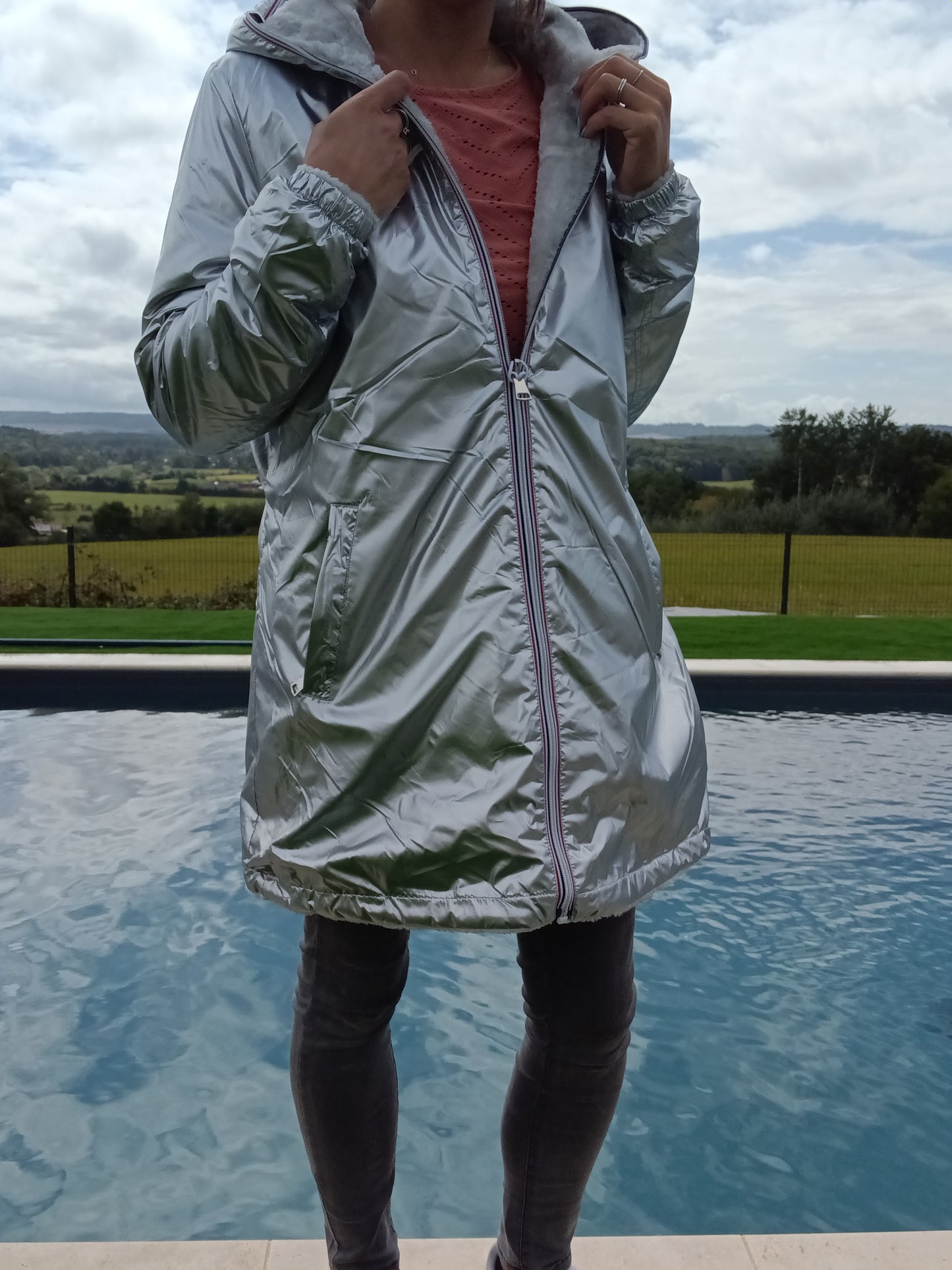 New Lolo - Manteau long argenté réversible imperméable fourré fausse fourrure