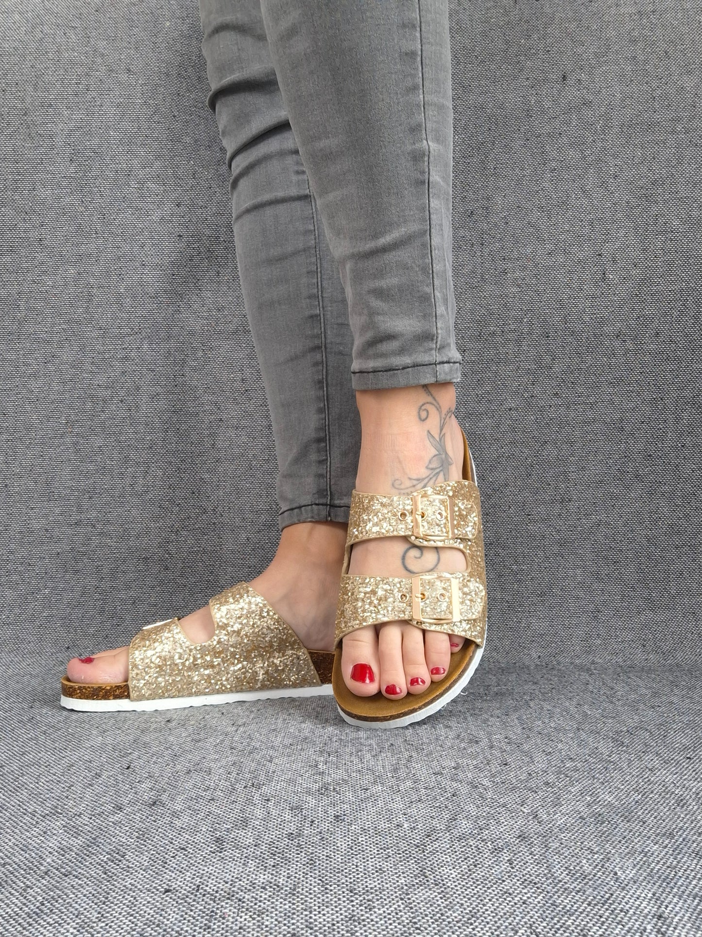 Chaussures sandales style Birk 2 brides doré pailleté