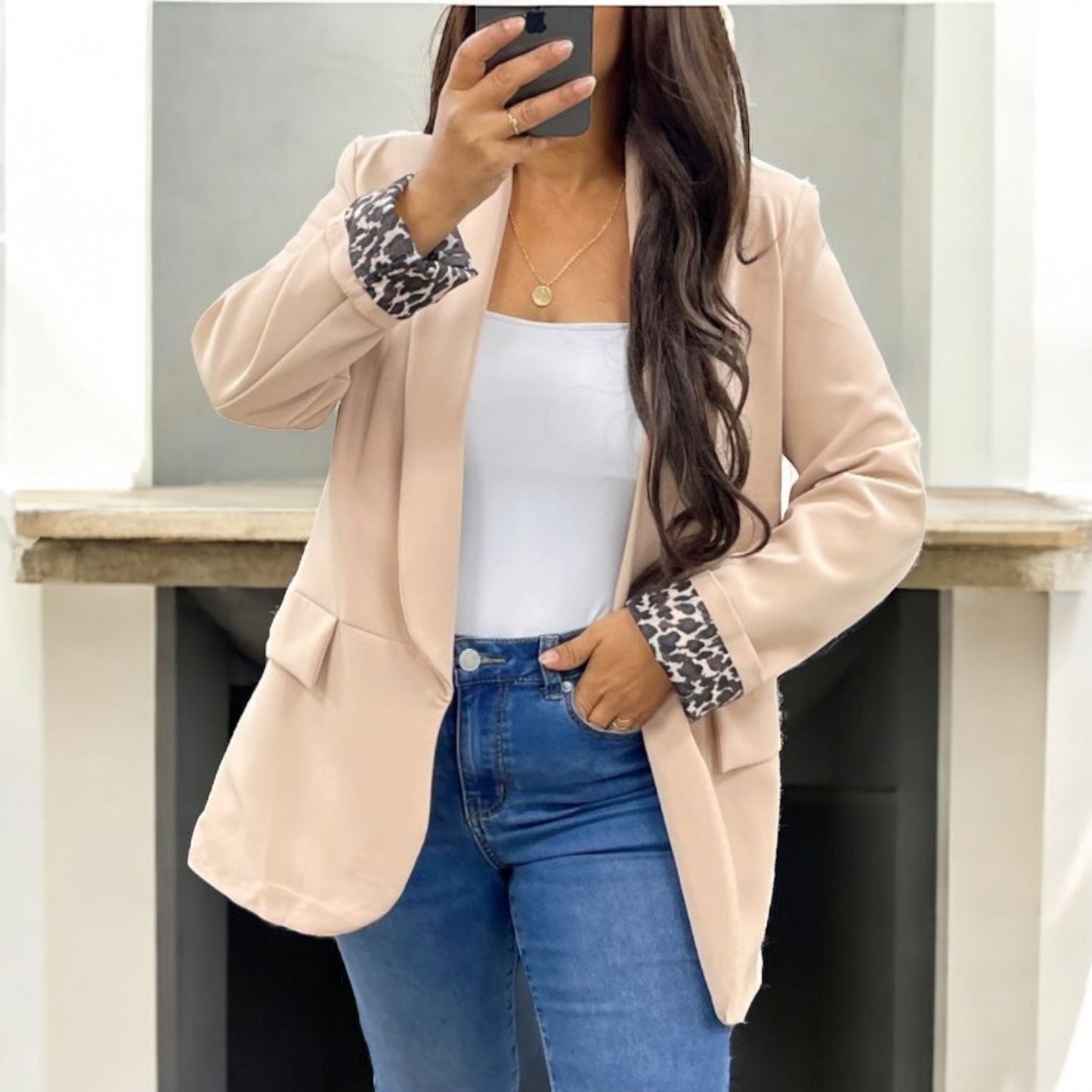 Veste blazer beige avec doublure imprimé léopard