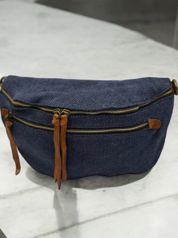 Sac banane en jute bleu denim 2 poches doubles curseurs