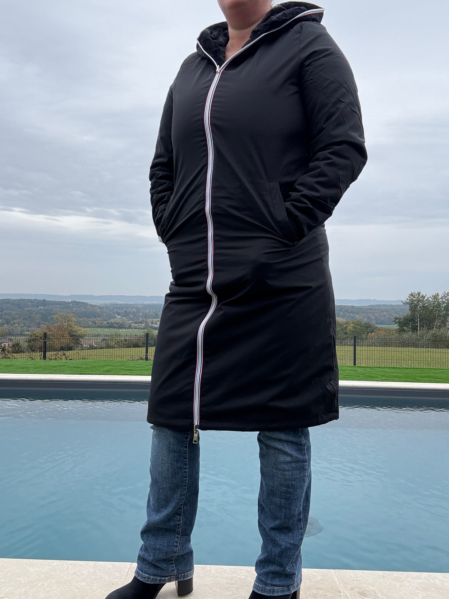 New Lolo - Manteau chaud long hauteur genoux noir fourré complet réversible imperméable