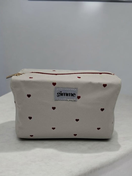 Pochette trousse en tissu imperméable blanc motifs cœurs rouges