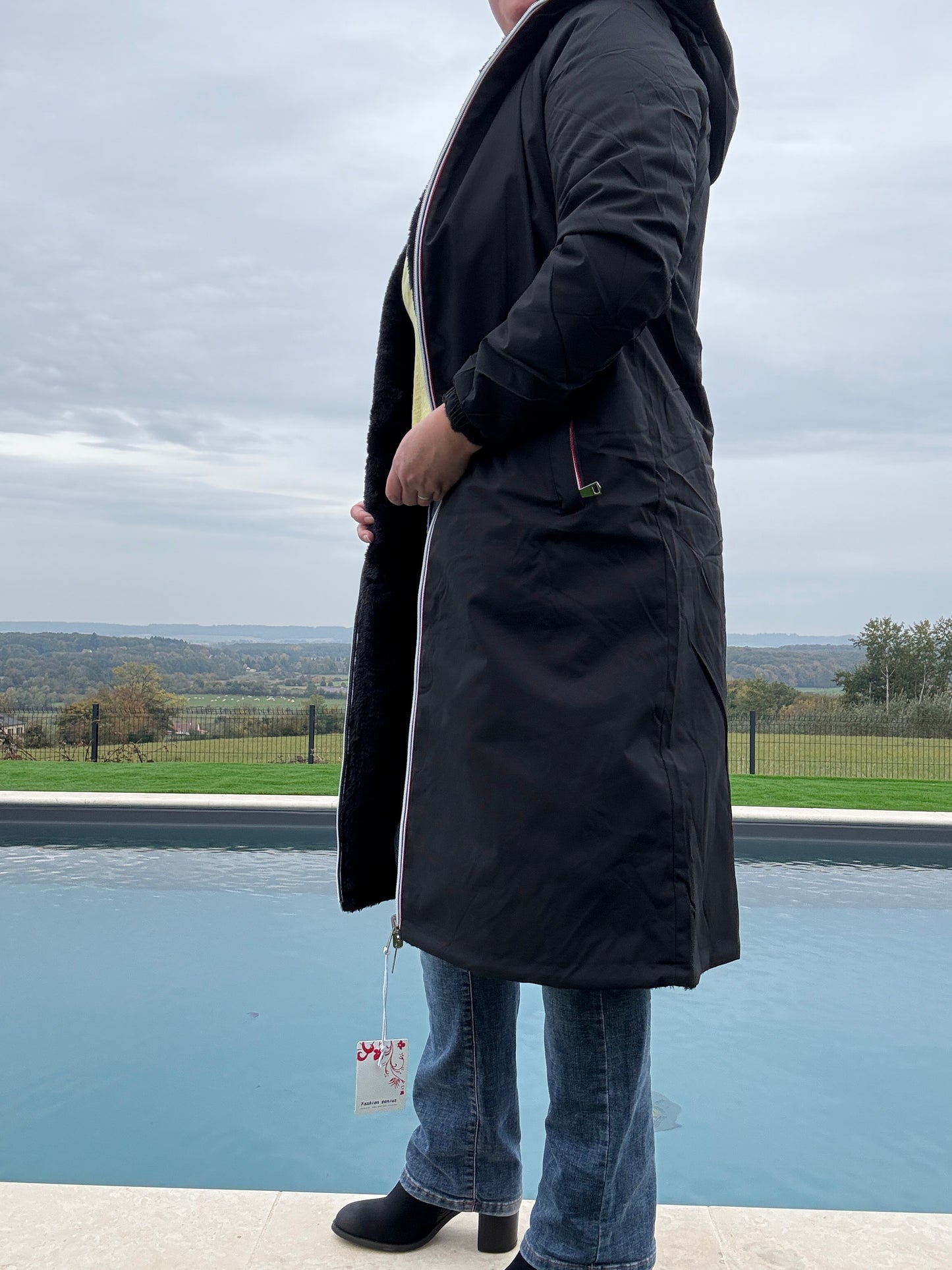 New Lolo - Manteau chaud long hauteur genoux noir fourré complet réversible imperméable
