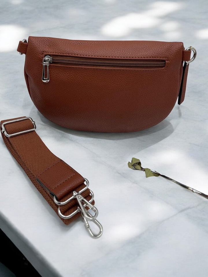 Sac banane simili cuir marron double fermeture