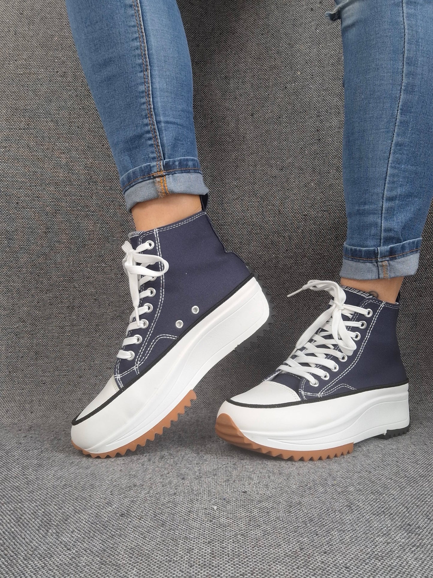 Chaussures baskets haute plate-forme toile bleu marine et blanc