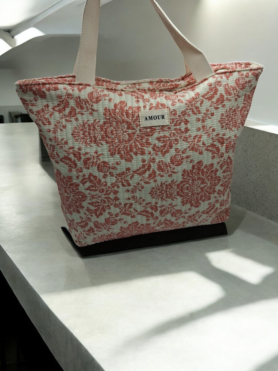Sac cabas porté épaule en coton liberty fleuri corail crème
