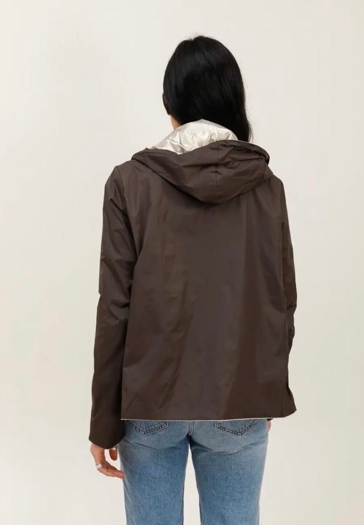 Laura Jo - Imperméable réversible court sans garnissage ouate mi-saison couleur marron chocolat/doré