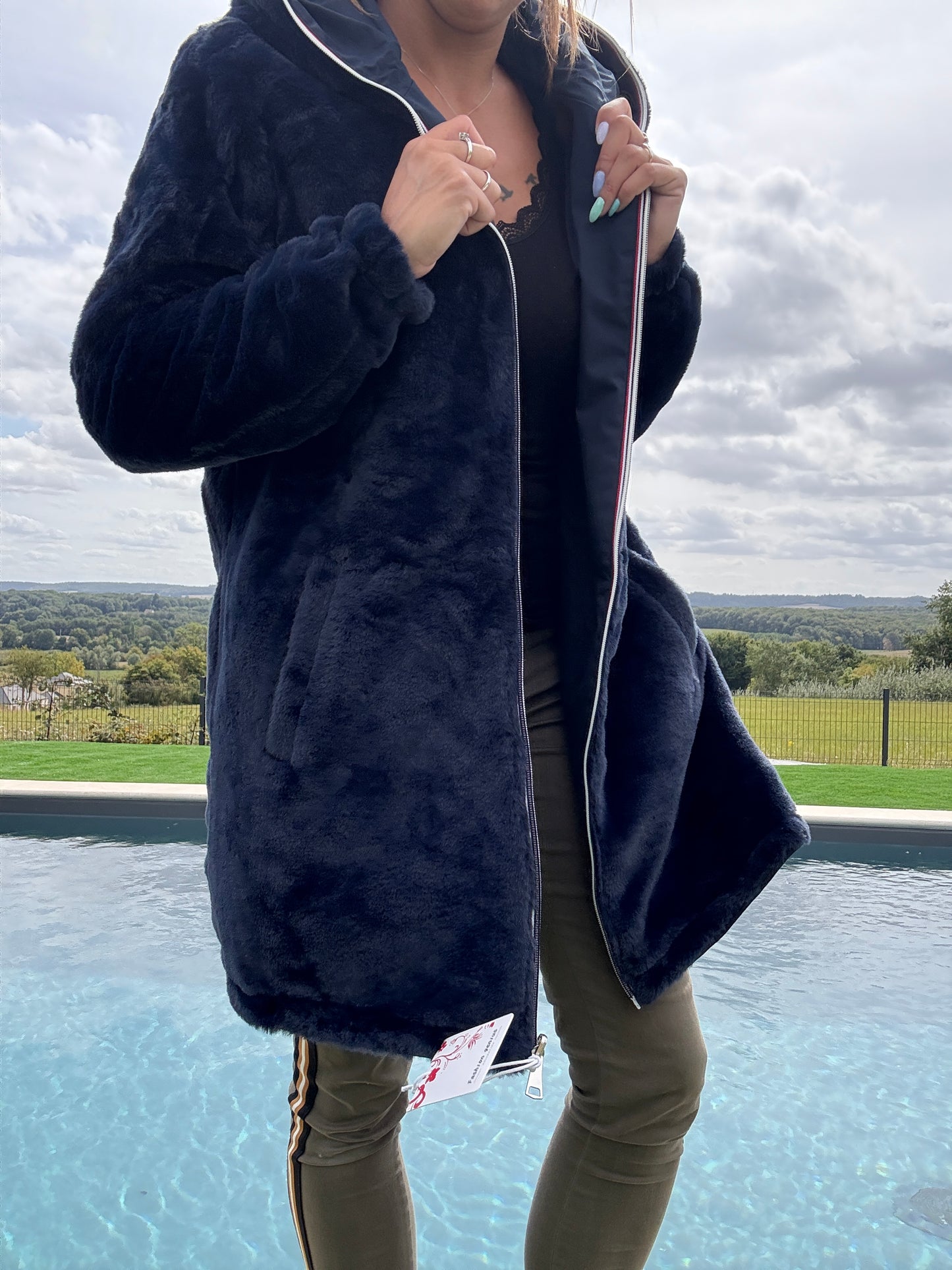 New Lolo - Manteau long bleu marine réversible imperméable fourré fausse fourrure - Curvy