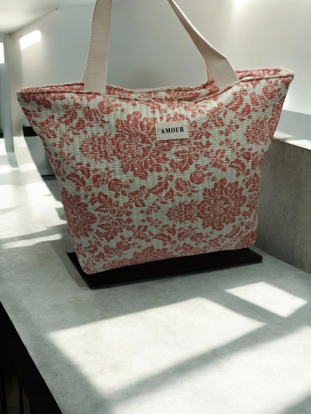 Sac cabas porté épaule en coton liberty fleuri corail crème