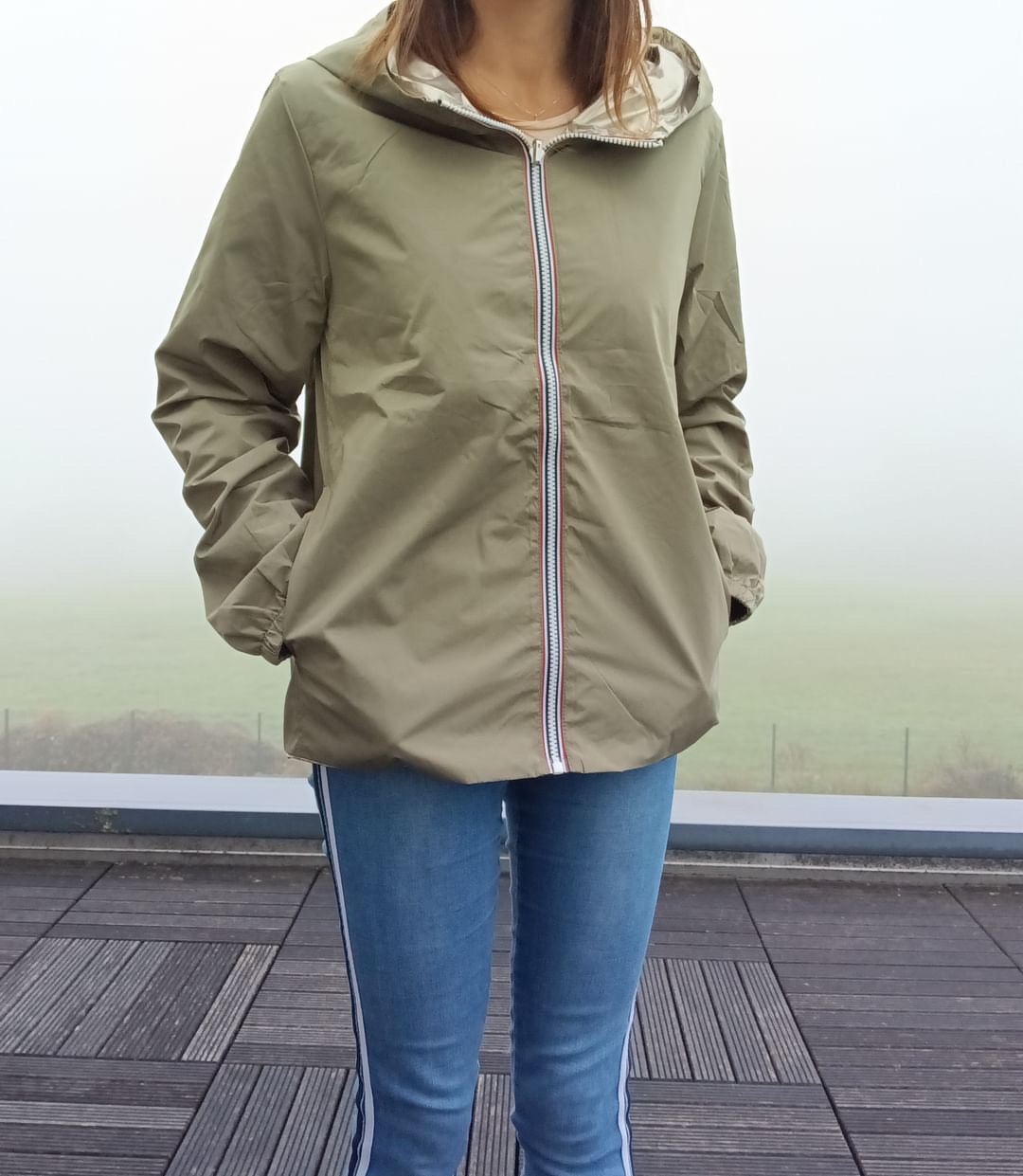 Melya Melody - Manteau court léger imperméable kaki réversible doré