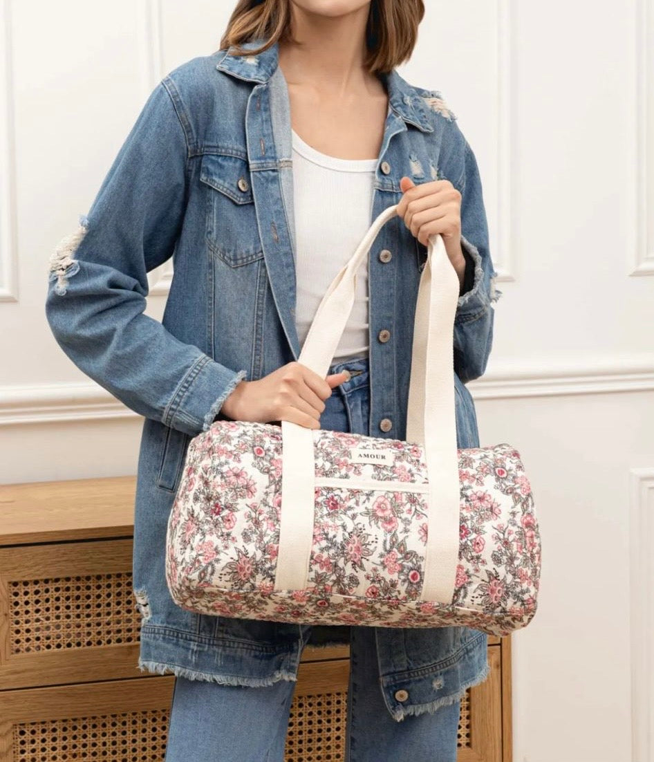 Nouveautés - Sac polochon blanc en coton liberty fleuri noir et rose