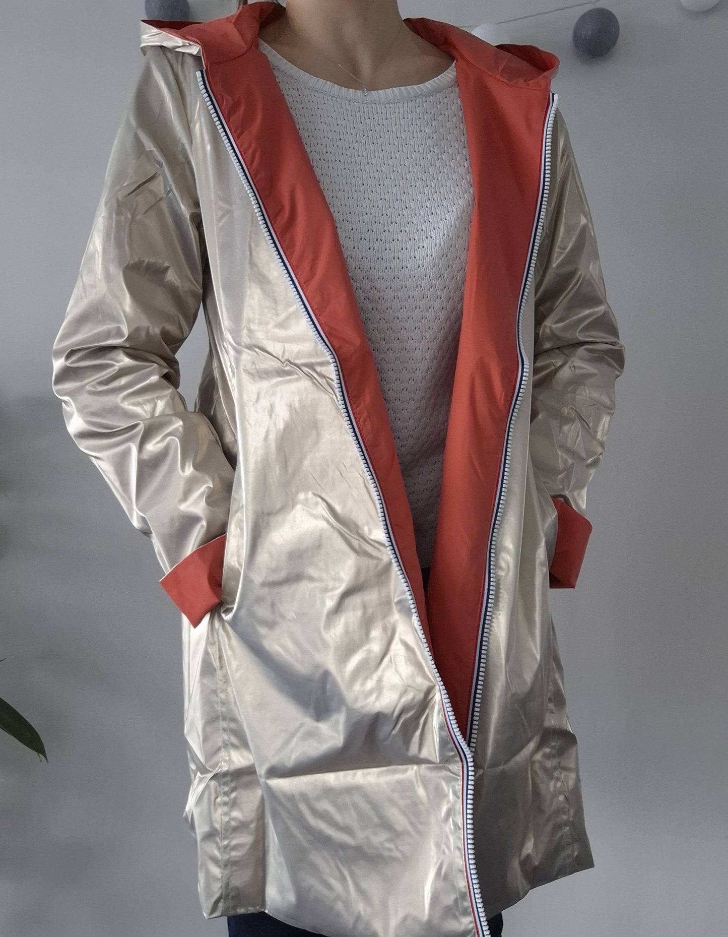 Laura Jo - Imperméable réversible long sans garnissage ouate couleur corail/doré