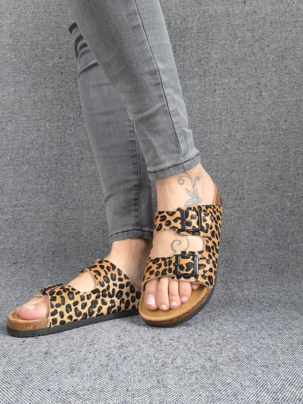 Chaussures sandales intérieur cuir motif léopard style Birk