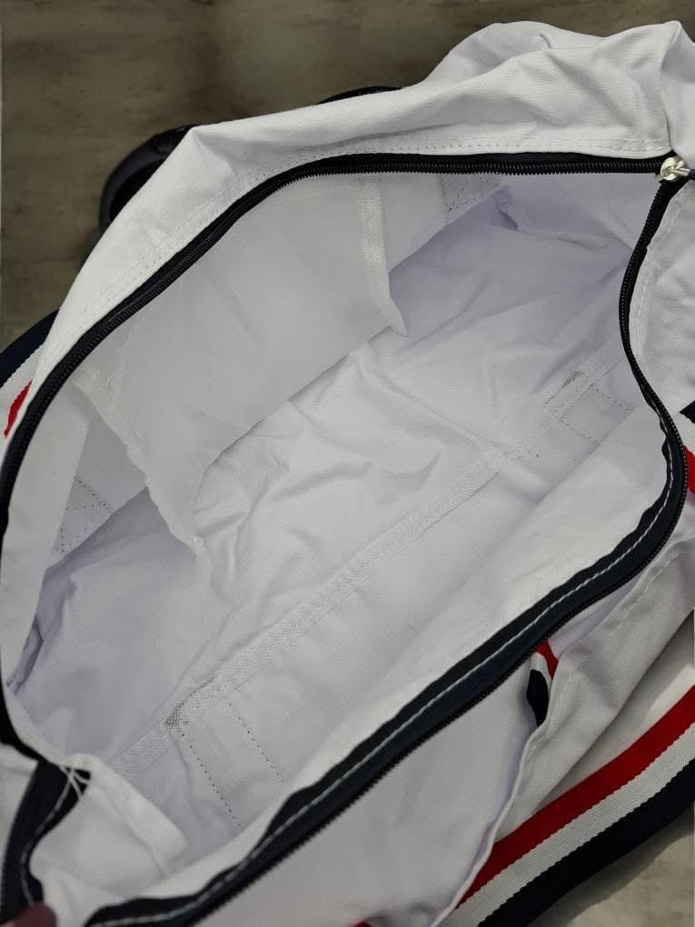 Sac polochon en tissu coton blanc détails rayés tricolores