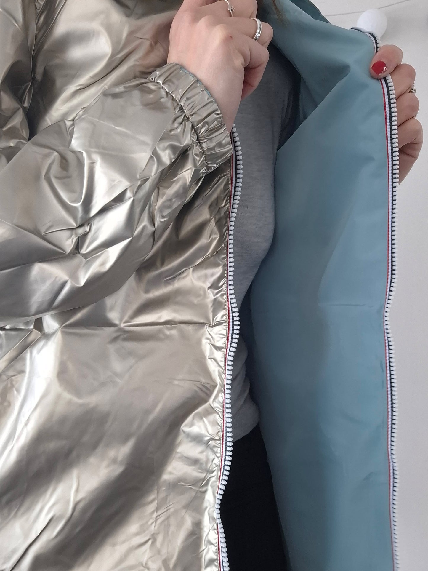 Melya Melody - Imperméable réversible mi-long sans garnissage ouate couleur bleu ciel/doré