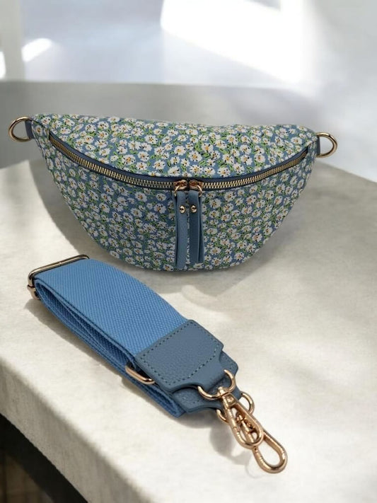 Sac banane en tissu coton liberty bleu motif fleuri blanc