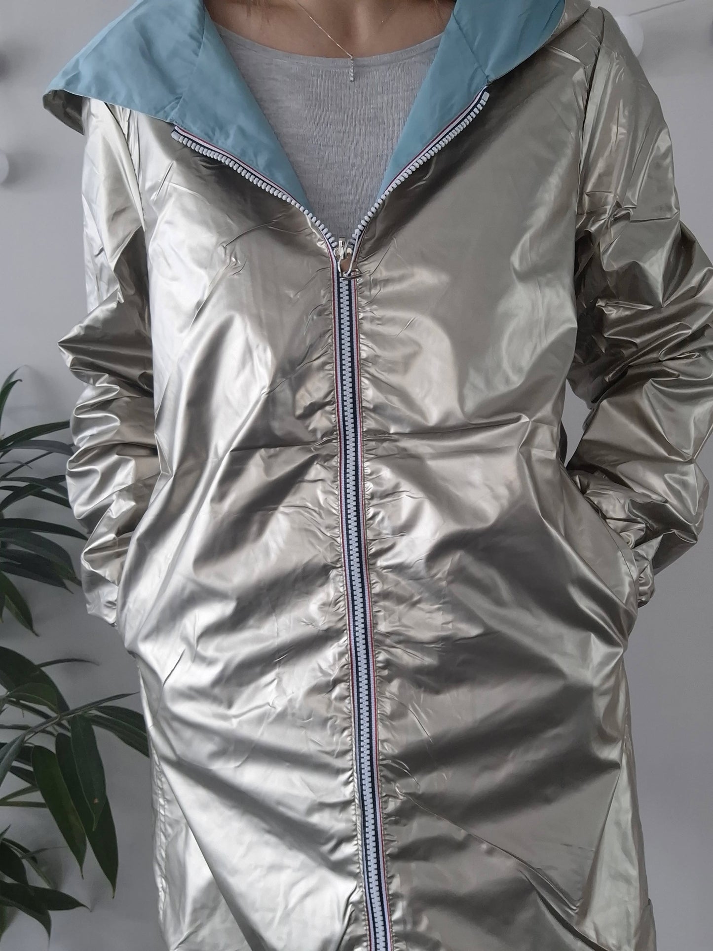 Melya Melody - Imperméable réversible mi-long sans garnissage ouate couleur bleu ciel/doré