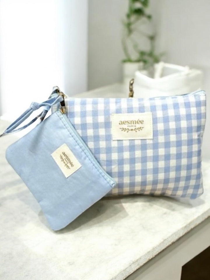 Pochette et trousse en coton vichy motifs à carreaux bleu et crème