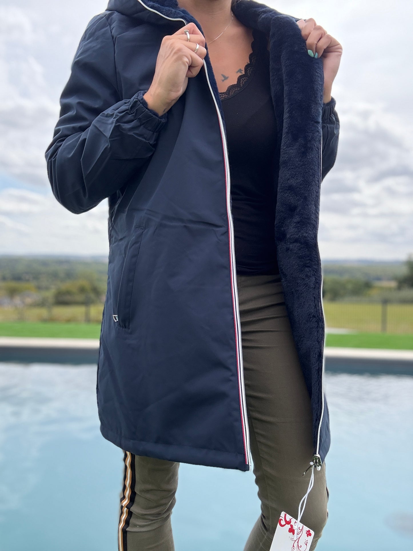 New Lolo - Manteau long bleu marine réversible imperméable fourré fausse fourrure - Curvy