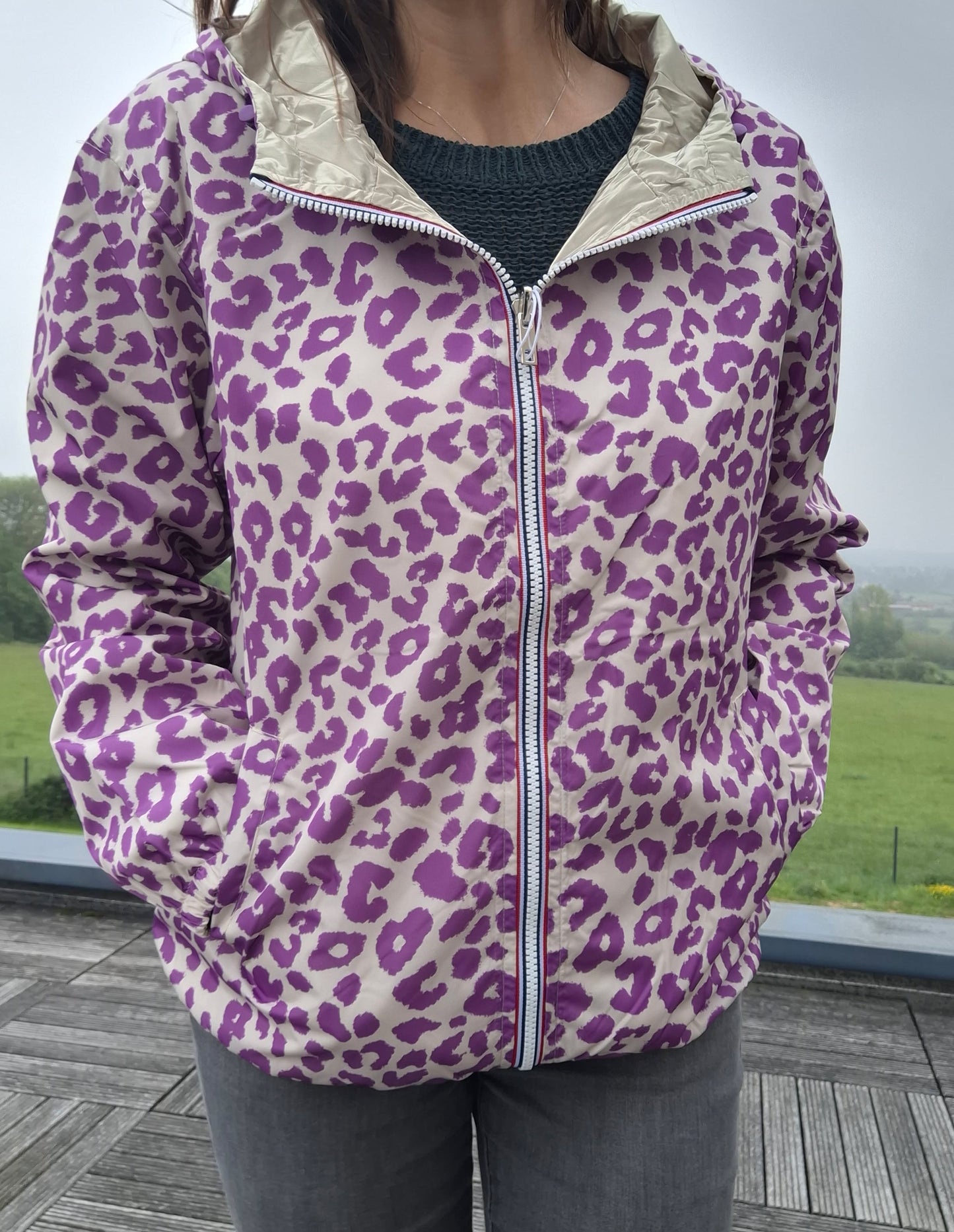 Escandelle - Parka imperméable courte Léopard violet réversible doré