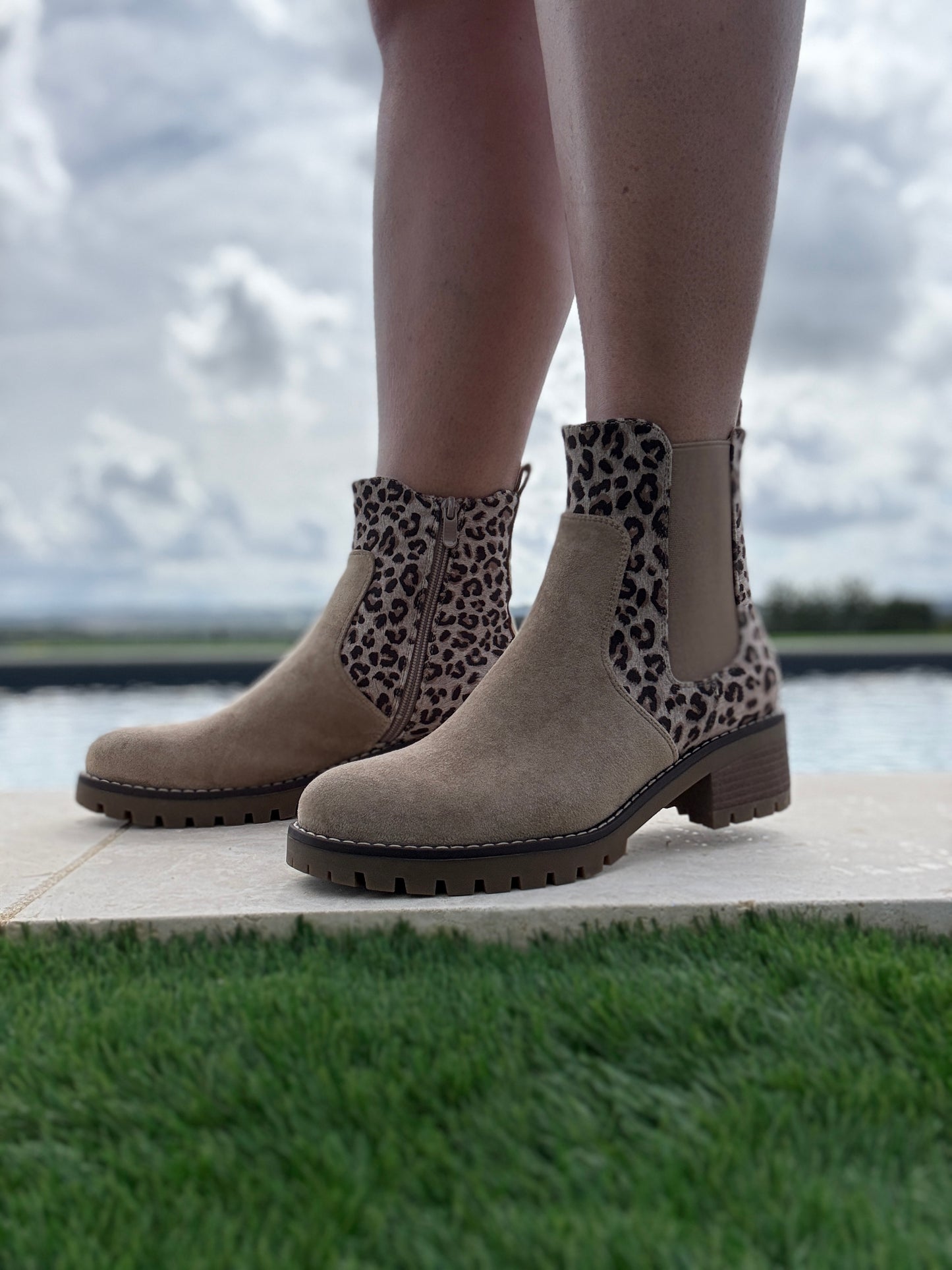 Chaussures bottines à talon toucher daim beige avec motif léopard marron taupe