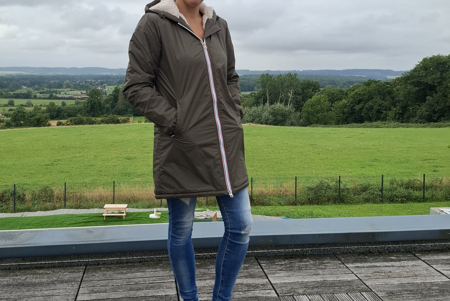 Laura Jo - Imperméable fourré long fausse fourrure kaki intérieur sherpa beige