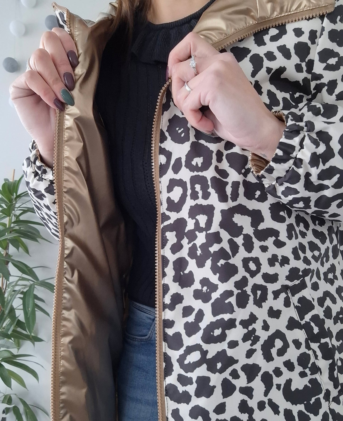 Attrait Paris - Manteau long sans ouate imperméable doré réversible avec motif léopard avec capuche