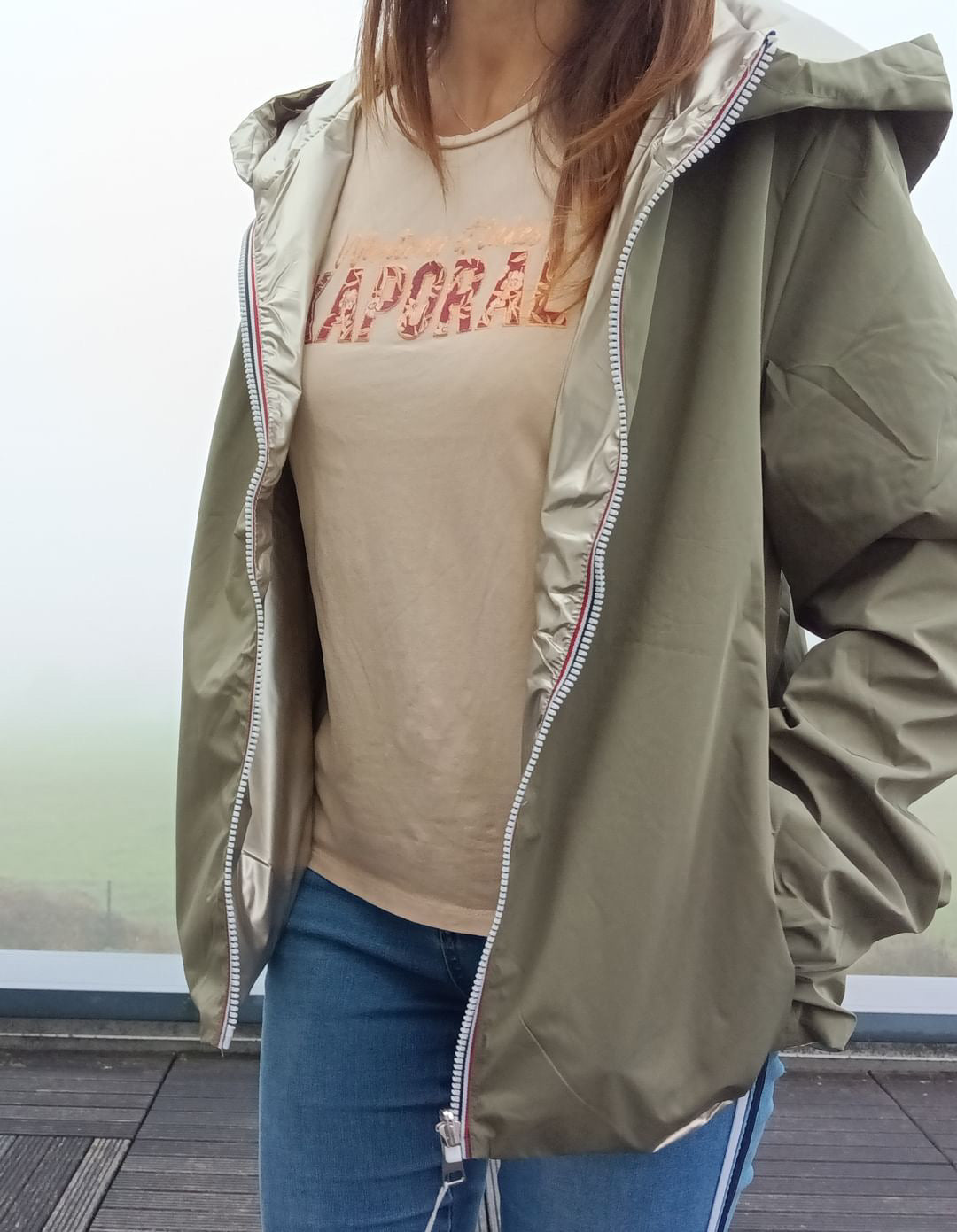 Melya Melody - Manteau court léger imperméable kaki réversible doré