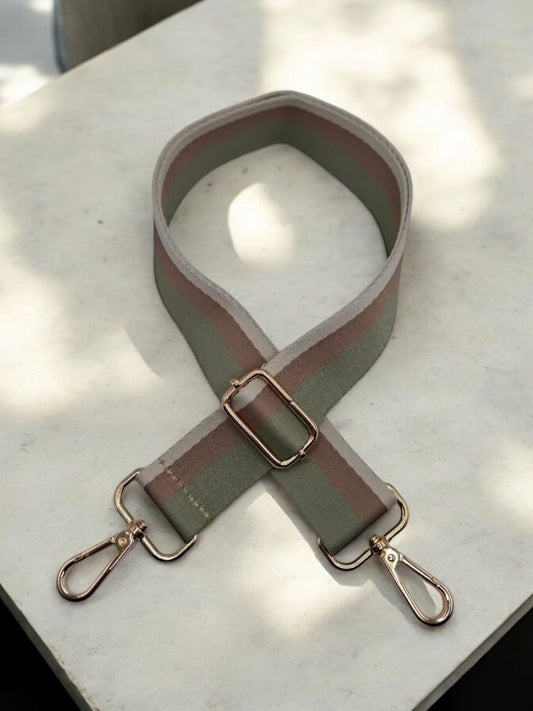Bandoulière sangle large à rayures vert olive et marron