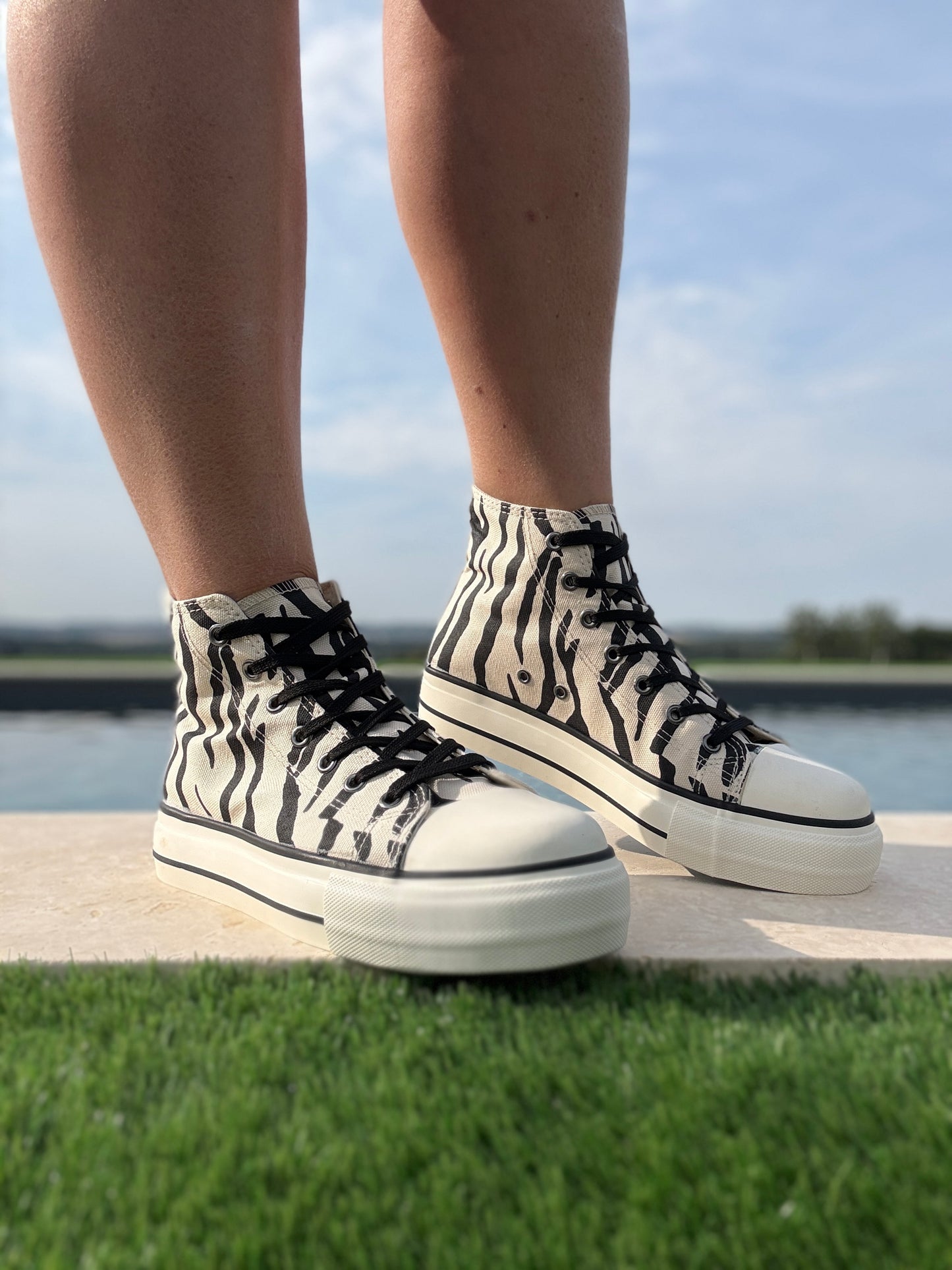 Chaussures baskets hautes en toile motif zèbre noir et blanc style converse