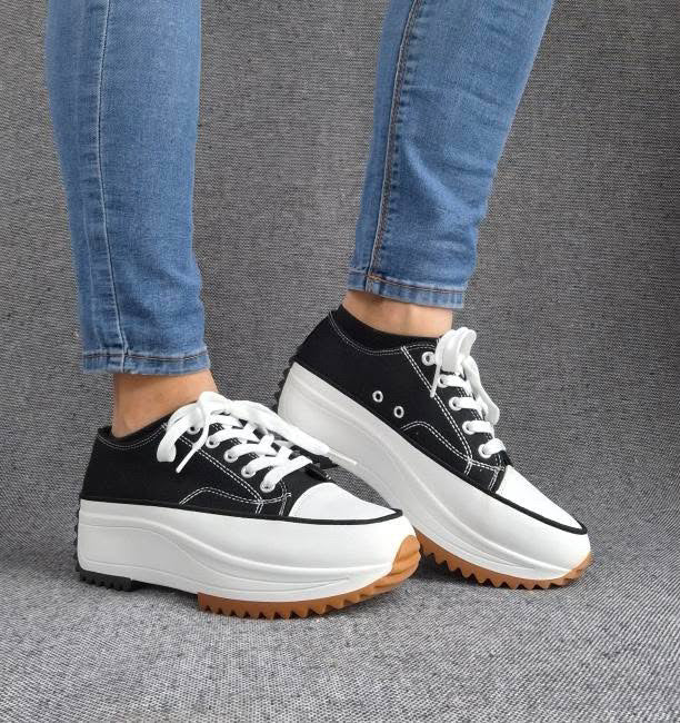 Chaussures baskets basses plate-forme toile noir et blanc