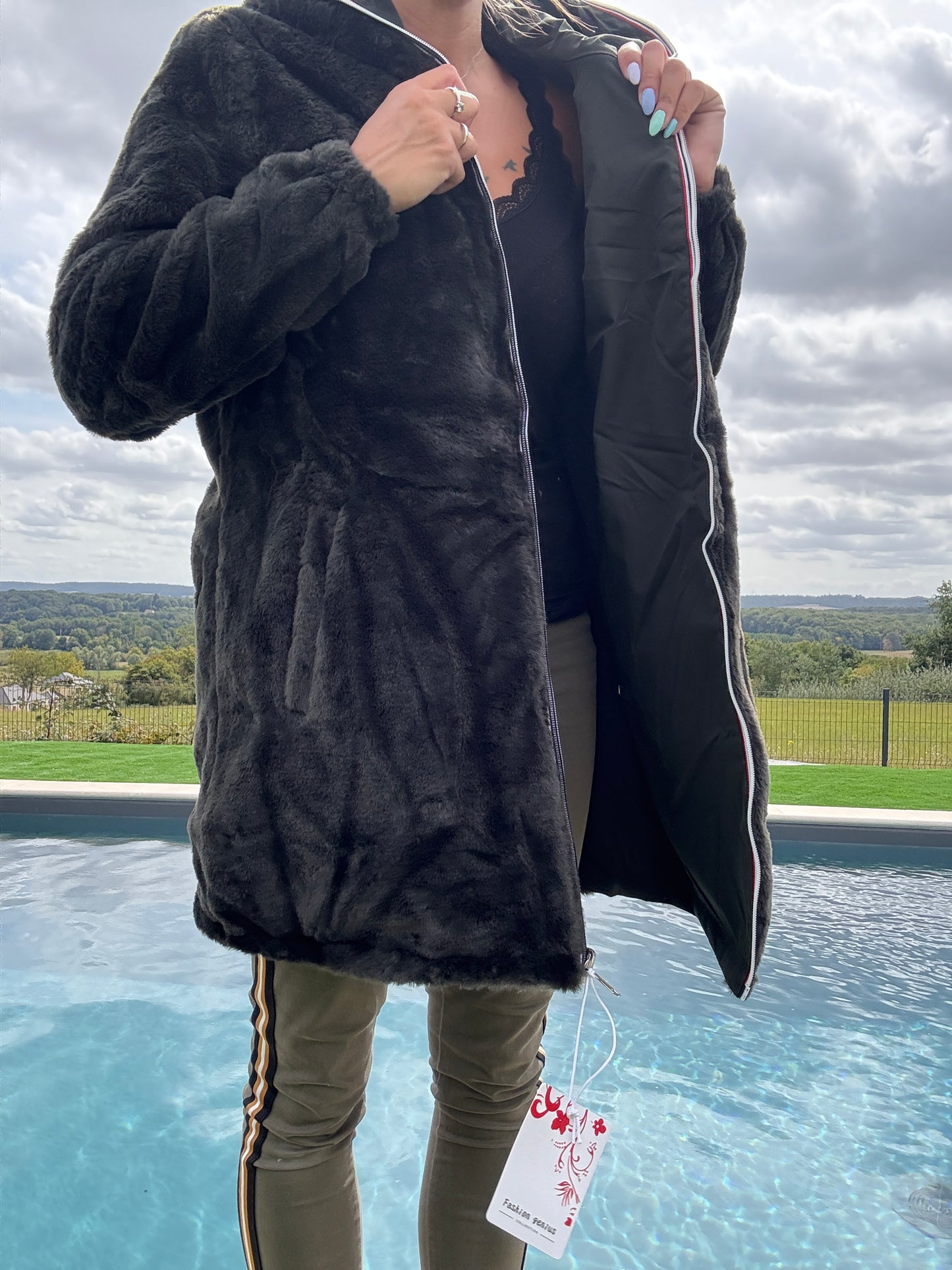 New Lolo - Manteau long kaki réversible imperméable fourré fausse fourrure