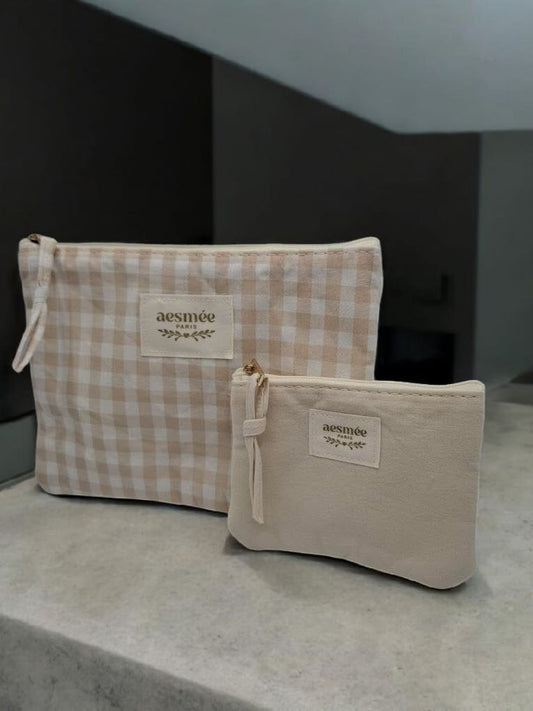 Pochette et trousse en coton vichy motifs à carreaux beige et crème