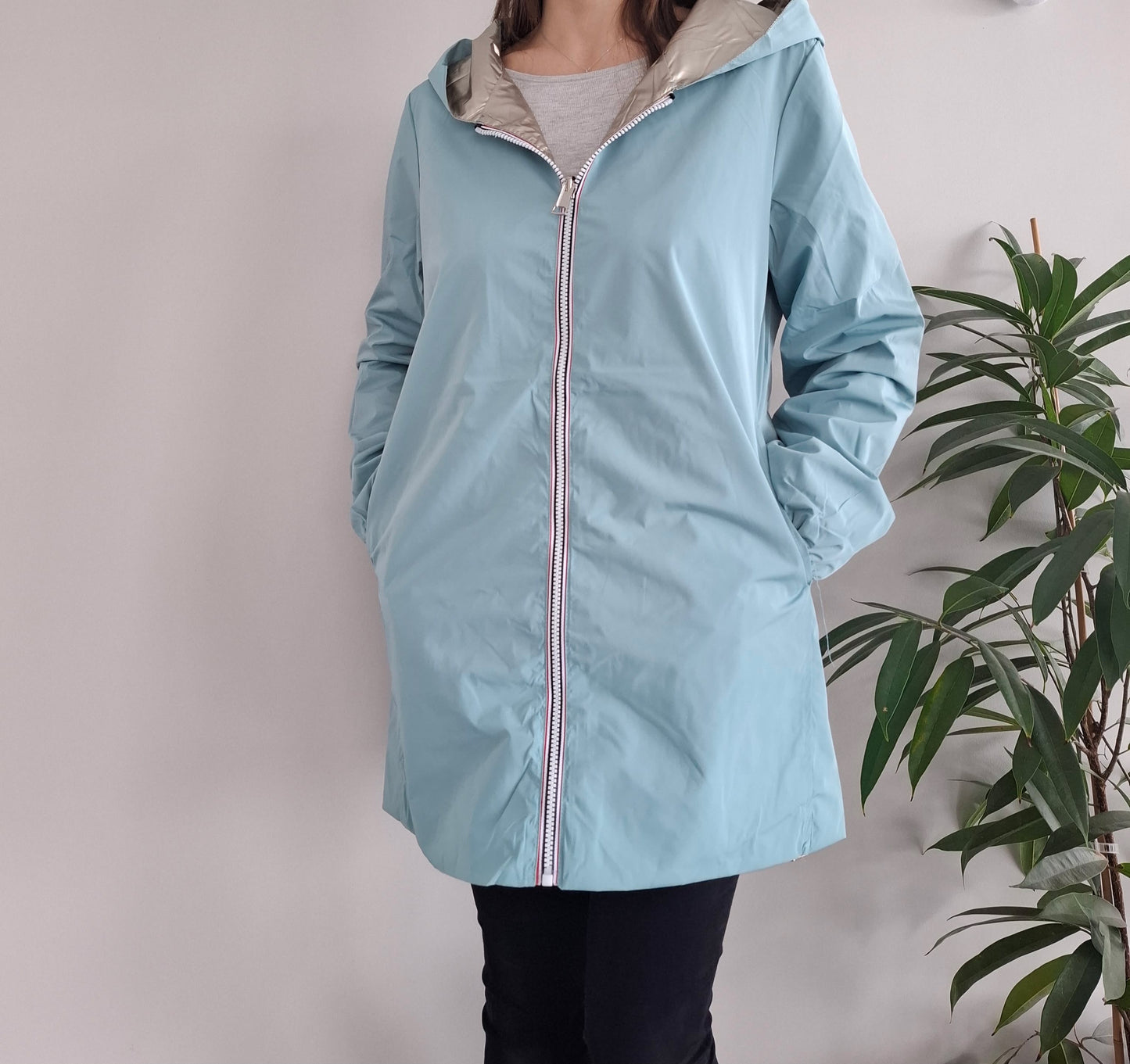 Melya Melody - Imperméable réversible mi-long sans garnissage ouate couleur bleu ciel/doré