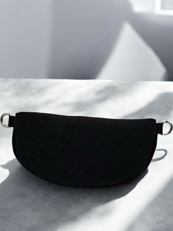 Sac banane en velours côtelé noir doubles curseurs en cuir