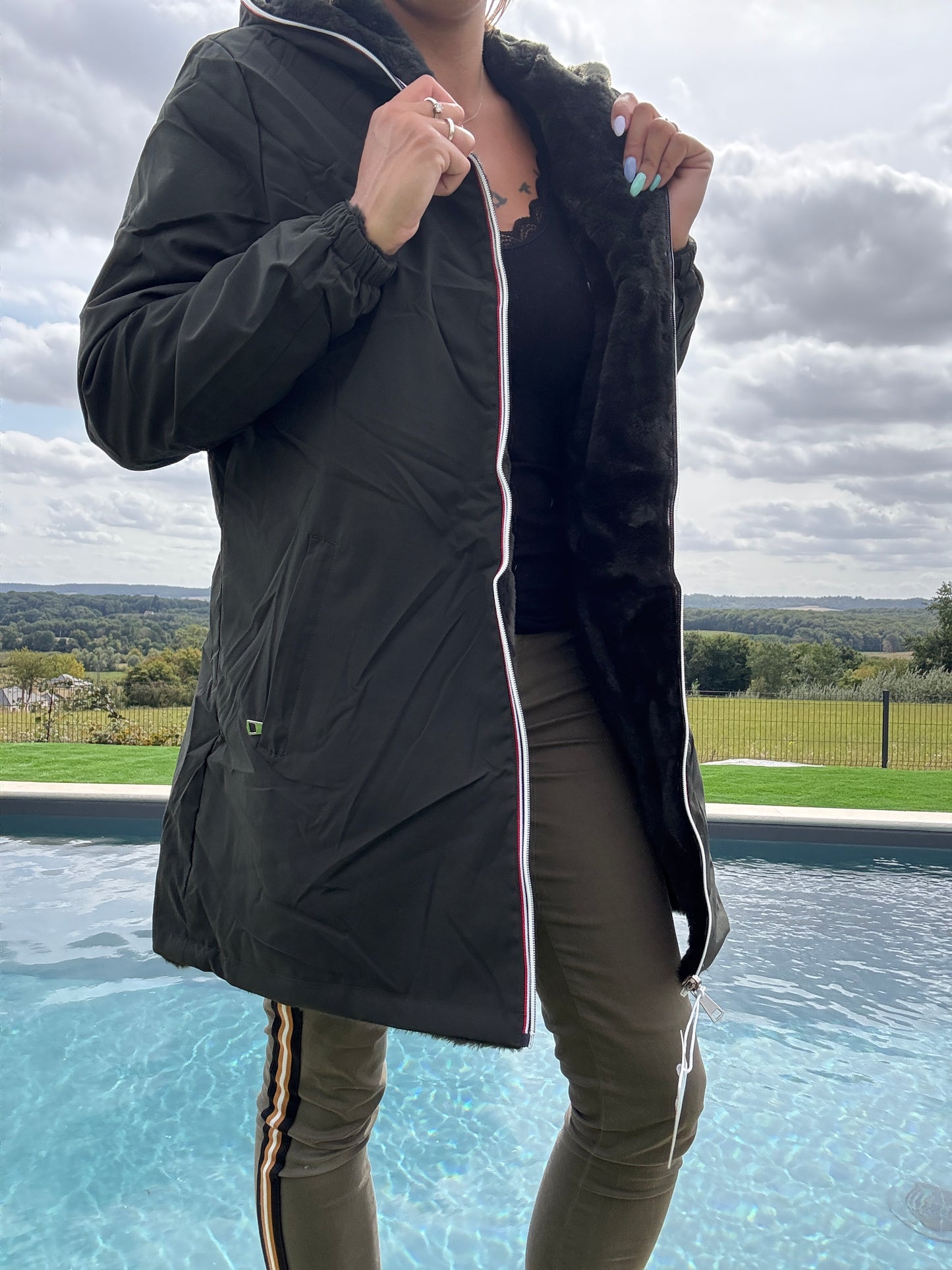 New Lolo - Manteau long kaki réversible imperméable fourré fausse fourrure
