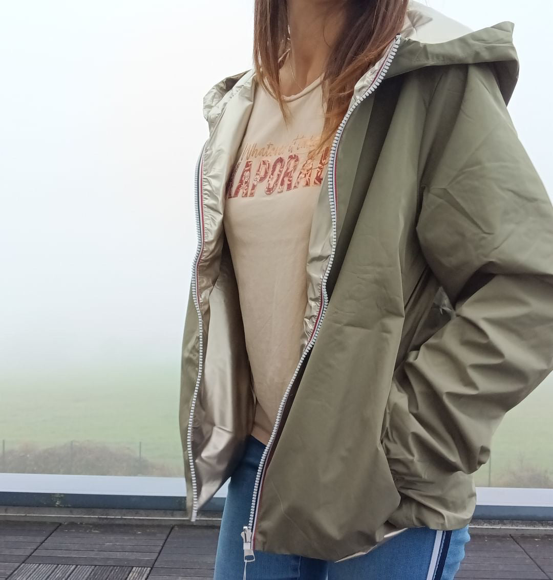 Melya Melody - Manteau court léger imperméable kaki réversible doré