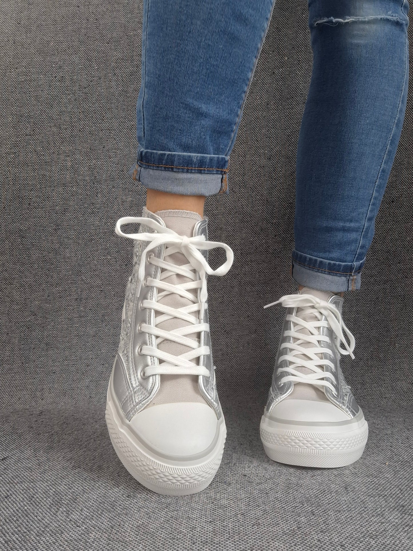 Chaussures baskets hautes en tweed argenté style converse