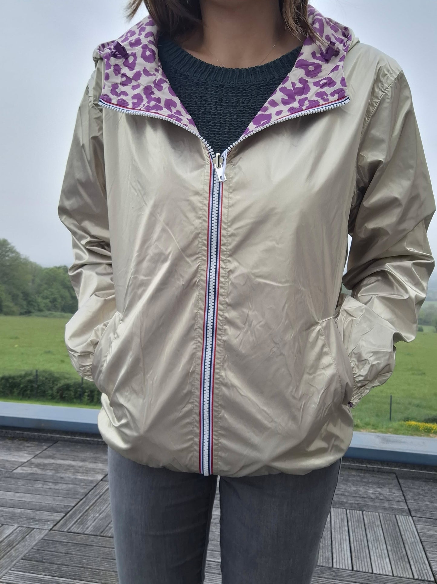 Escandelle - Parka imperméable courte Léopard violet réversible doré